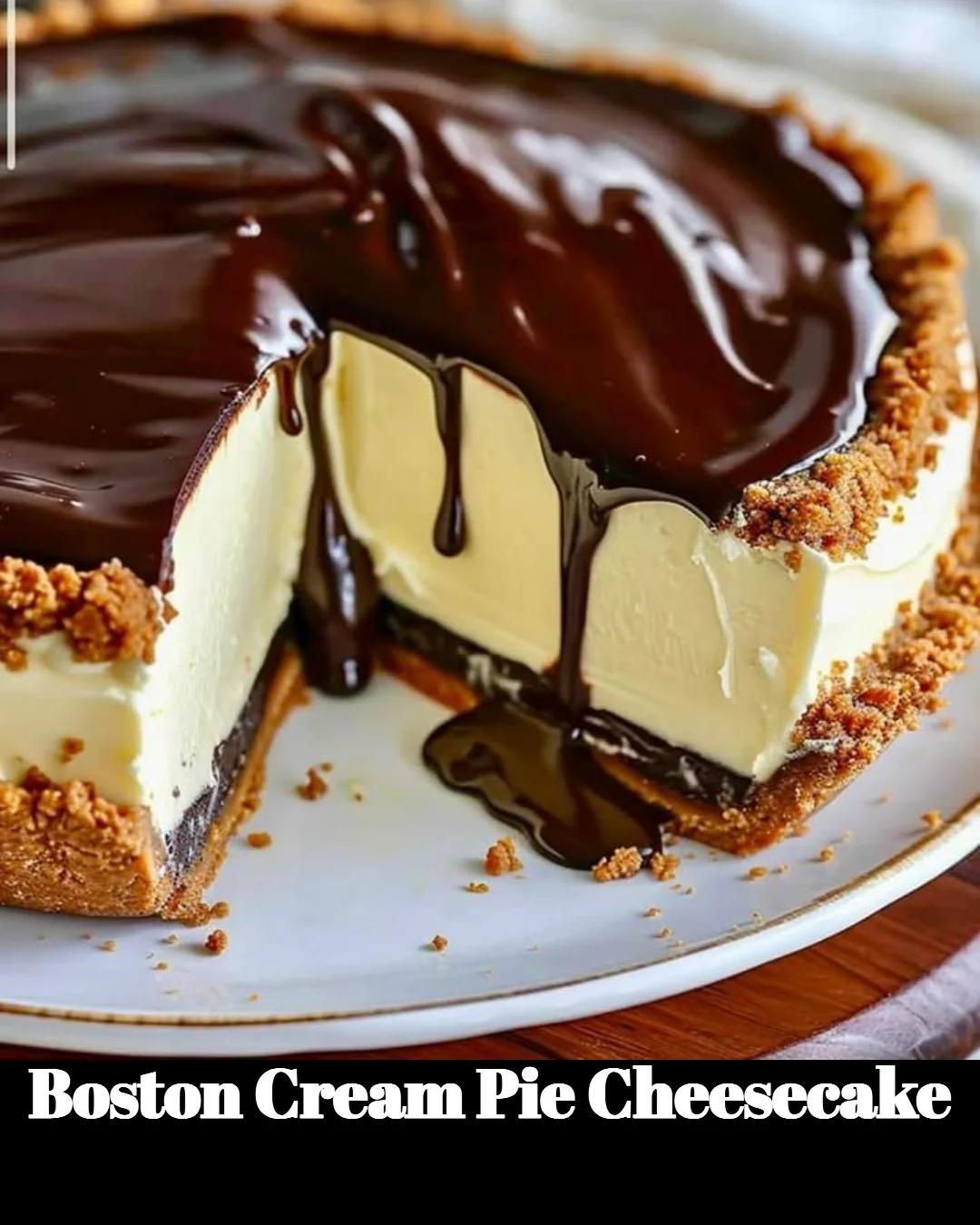 Boston Cream Pie Cheesecake topped with chocolate ganache and whipped cream