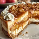 Delicious caramel apple cheesecake pie topped with caramel drizzle and apple slices.