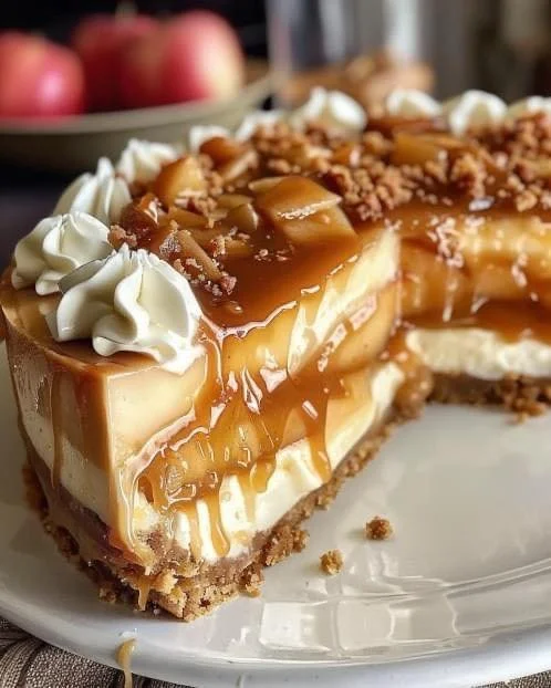 Delicious caramel apple cheesecake pie topped with caramel drizzle and apple slices.