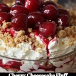 Delicious Cherry Cheesecake Fluff dessert served in a bowl with fresh cherries on top.