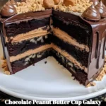 Chocolate peanut butter cup galaxy cake with decorative galaxy theme
