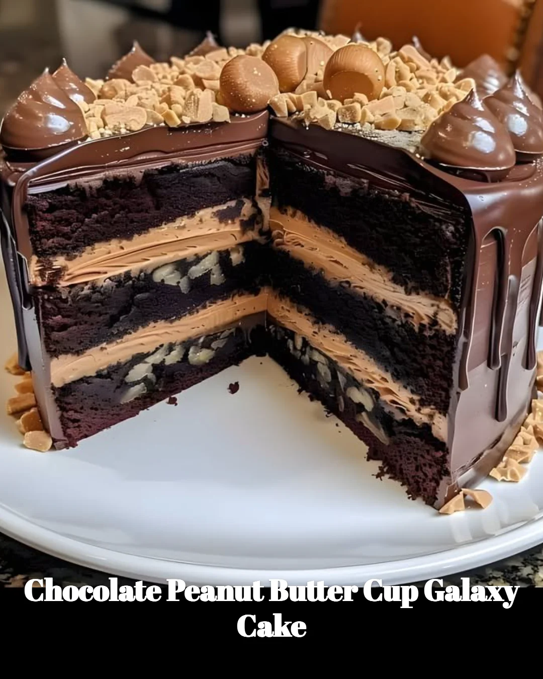 Chocolate peanut butter cup galaxy cake with decorative galaxy theme