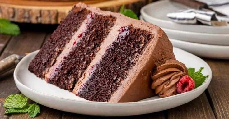 Delicious Chocolate Raspberry Cake topped with fresh raspberries and chocolate drizzle