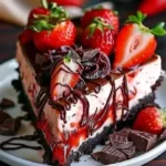 Decadent Chocolate Strawberry Cheesecake with fresh strawberries and chocolate drizzle