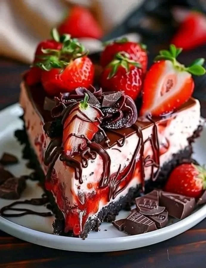Decadent Chocolate Strawberry Cheesecake with fresh strawberries and chocolate drizzle