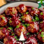 Delicious Christmas Cranberry Meatballs served on a festive platter