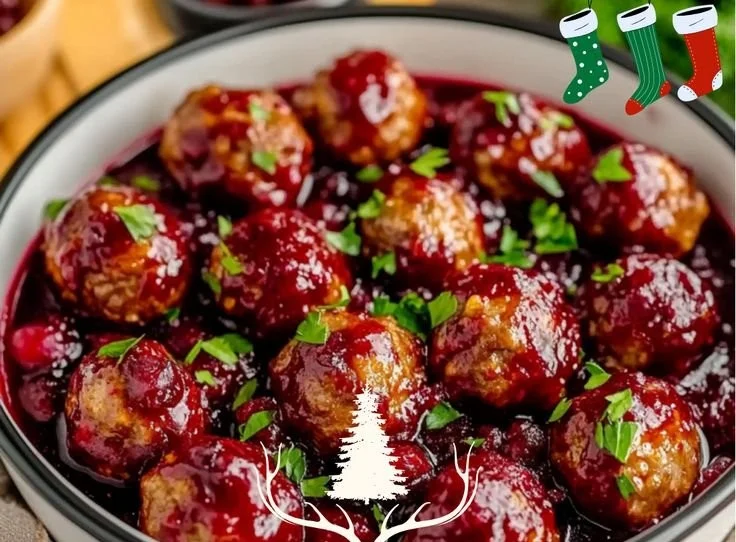 Delicious Christmas Cranberry Meatballs served on a festive platter