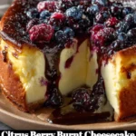 Slice of Citrus Berry Burnt Cheesecake topped with fresh berries