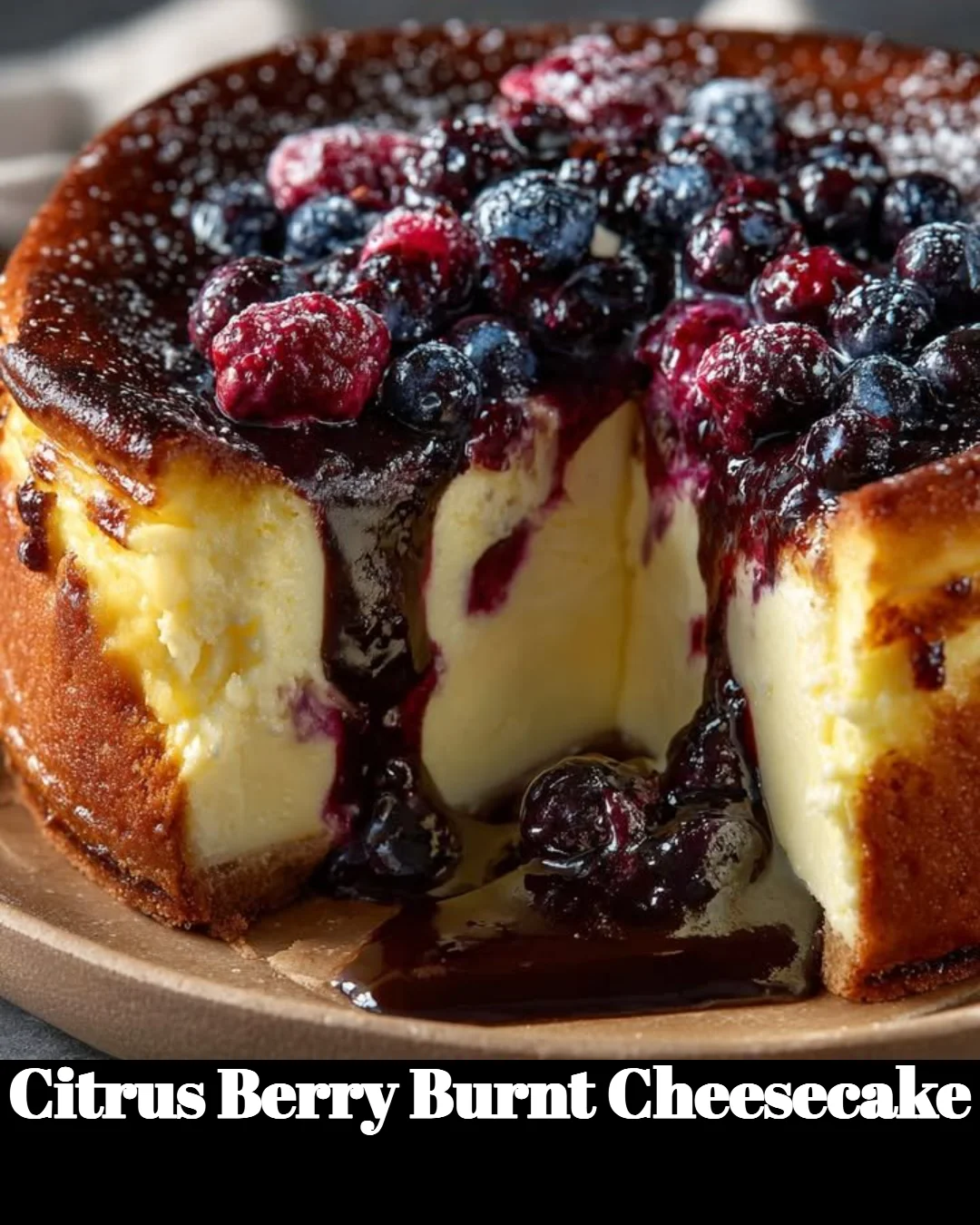 Slice of Citrus Berry Burnt Cheesecake topped with fresh berries