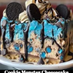Delicious Cookie Monster Cheesecake topped with cookie crumbles and blue frosting