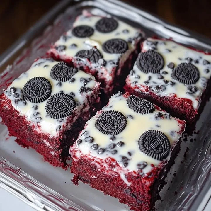 Delicious cookies and cream red velvet brownies on a plate