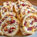 Cranberry-orange cream cheese pinwheels with pecans on a platter