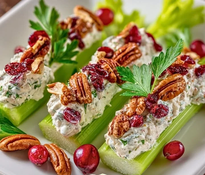 Cranberry Pecan Cream Cheese Stuffed Celery Snow Logs appetizer
