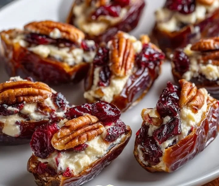 Cranberry pecan cream cheese-stuffed dates on a serving platter