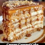 Slice of creamy caramel cake topped with rich caramel drizzle