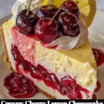 Delicious creamy cherry lemon cheesecake slice on a plate