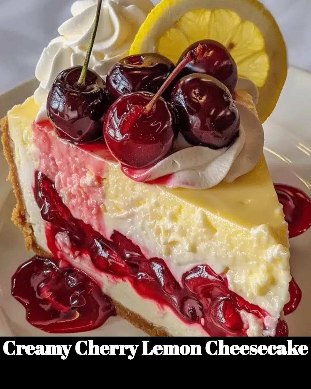 Delicious creamy cherry lemon cheesecake slice on a plate