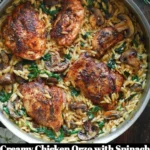Creamy chicken orzo with spinach in a bowl garnished with herbs.