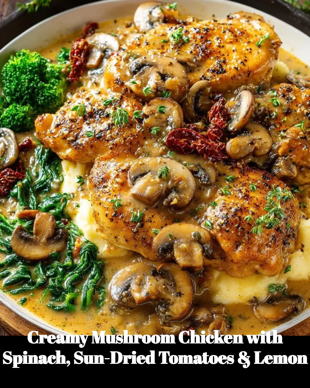Creamy mushroom chicken with spinach and sun-dried tomatoes on a plate