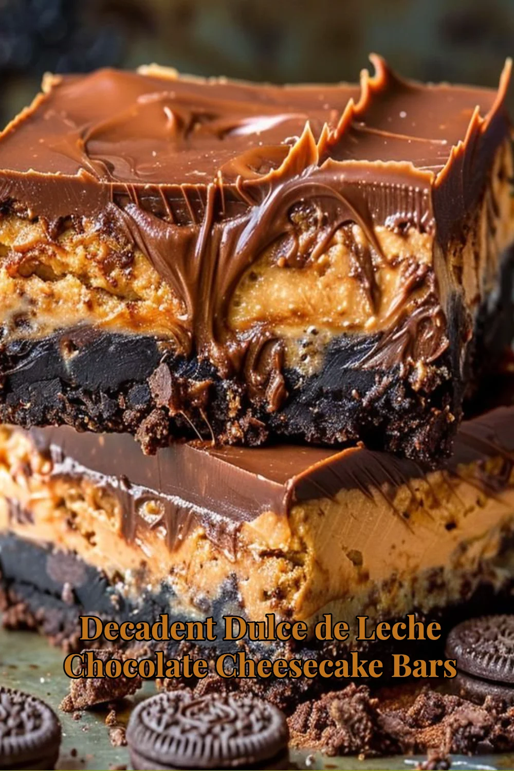 Decadent Dulce de Leche Chocolate Cheesecake Bars on a plate