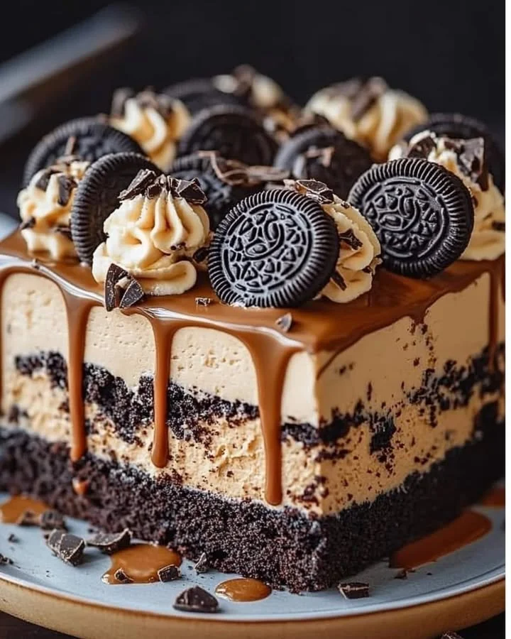 Decadent Peanut Butter Oreo Cake with chocolate layers and Oreo cookie toppings