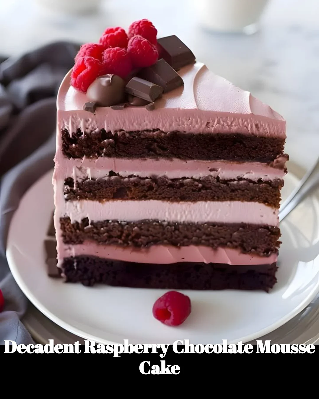 Decadent raspberry chocolate mousse cake with rich chocolate layers and fresh raspberries