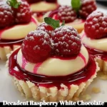 Decadent raspberry tartlets topped with white chocolate and fresh raspberries