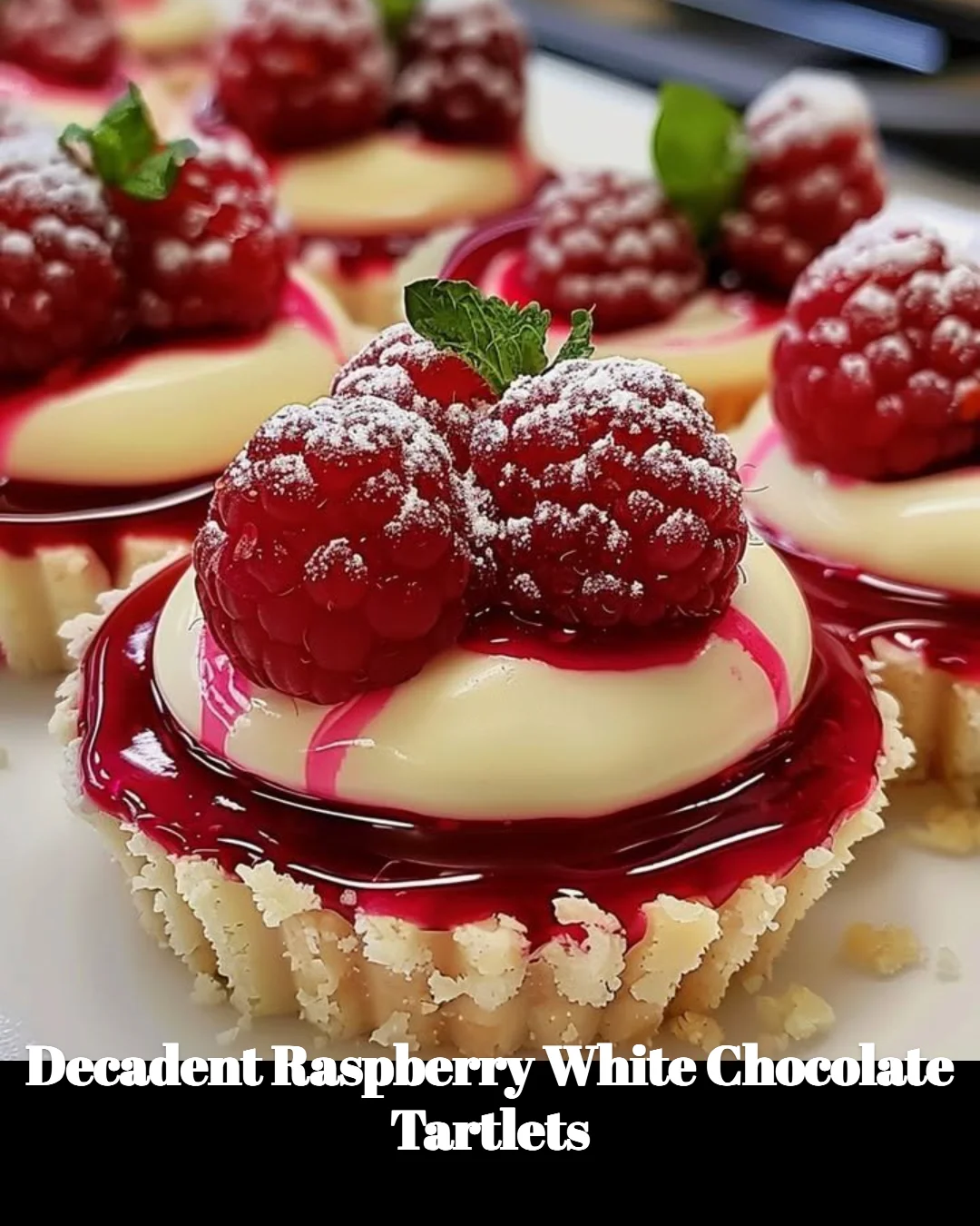Decadent raspberry tartlets topped with white chocolate and fresh raspberries