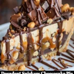 Decadent Snickers cheesecake pie with chocolate, caramel, and peanuts