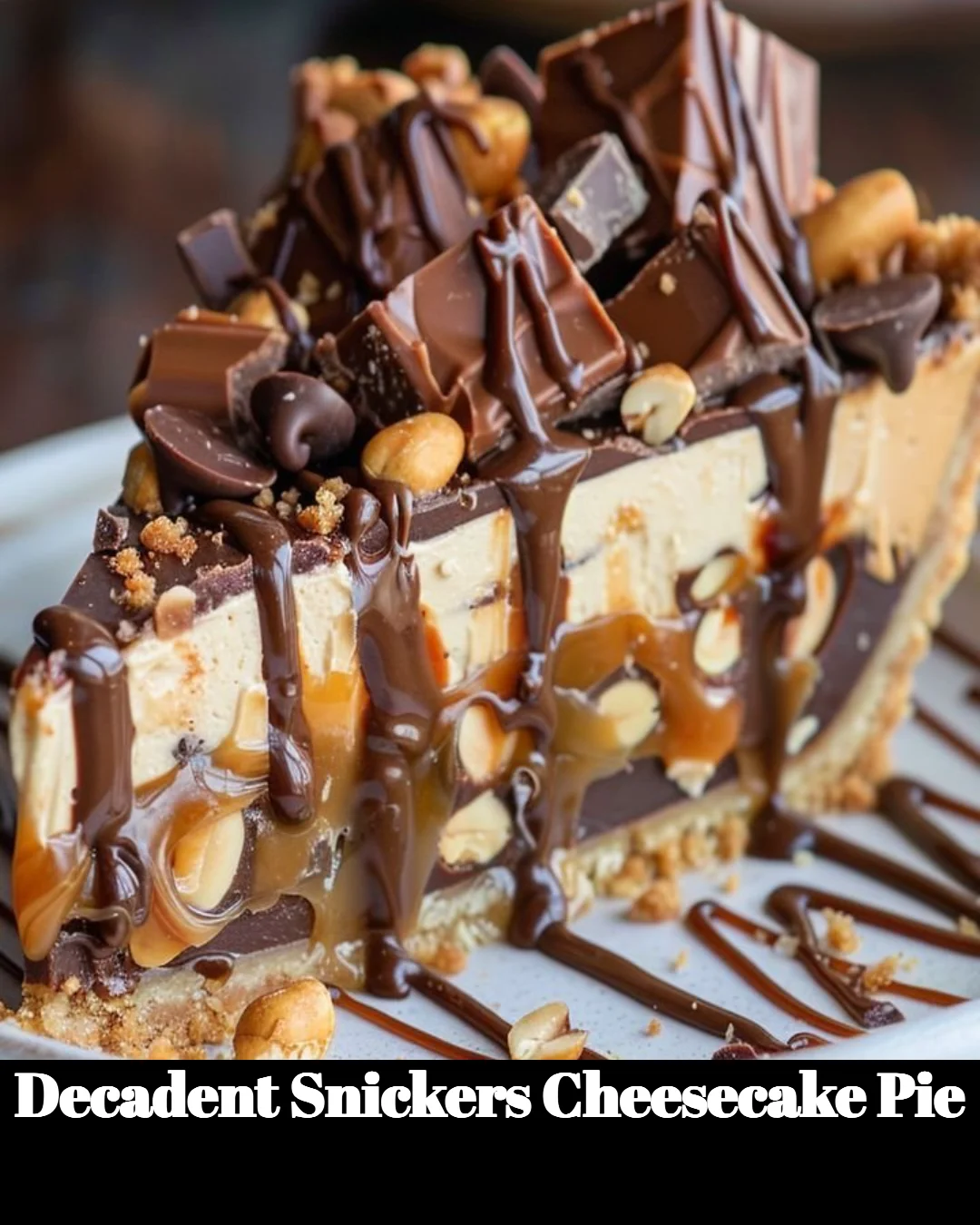 Decadent Snickers cheesecake pie with chocolate, caramel, and peanuts