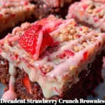 Decadent strawberry crunch brownies drizzled with sweet vanilla glaze