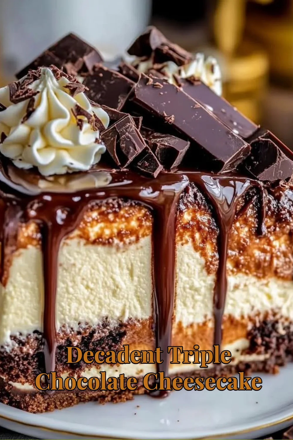 Decadent triple chocolate cheesecake with layers of rich chocolate and creamy filling
