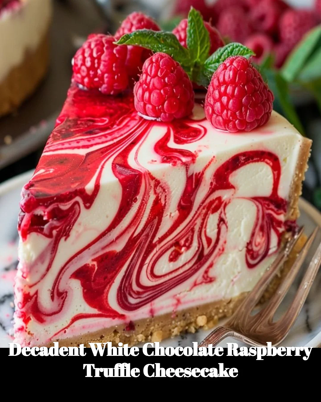 Decadent white chocolate raspberry truffle cheesecake dessert slice