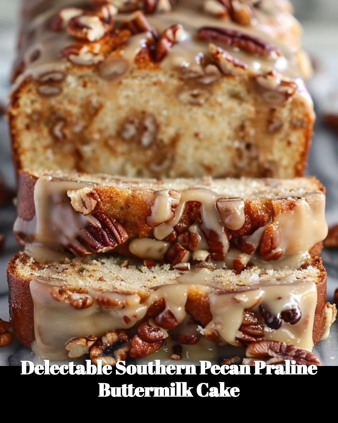 Slice of delicious Southern pecan praline buttermilk cake on a plate