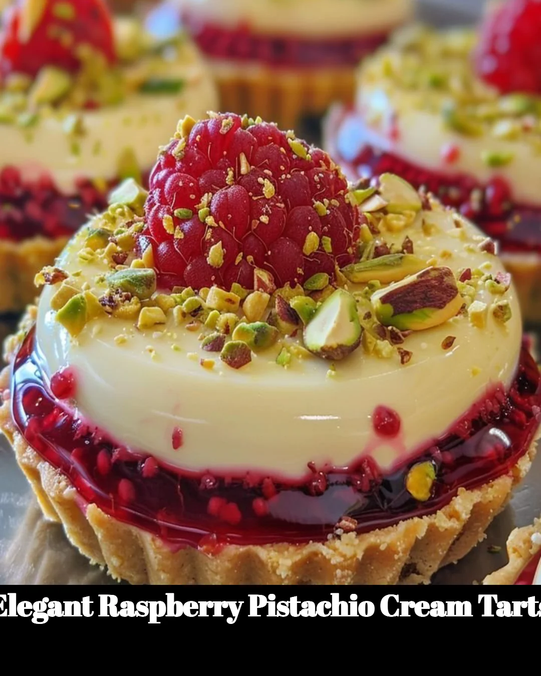 Elegant raspberry pistachio cream tarts with fresh berries and pistachio topping