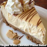 Elegant white chocolate peanut butter cheesecake topped with creamy layers