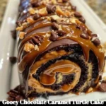 Gooey Chocolate Caramel Turtle Cake Roll garnished with nuts and caramel drizzle