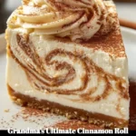 Grandma's Ultimate Cinnamon Roll Cheesecake with swirls of cinnamon and cream cheese