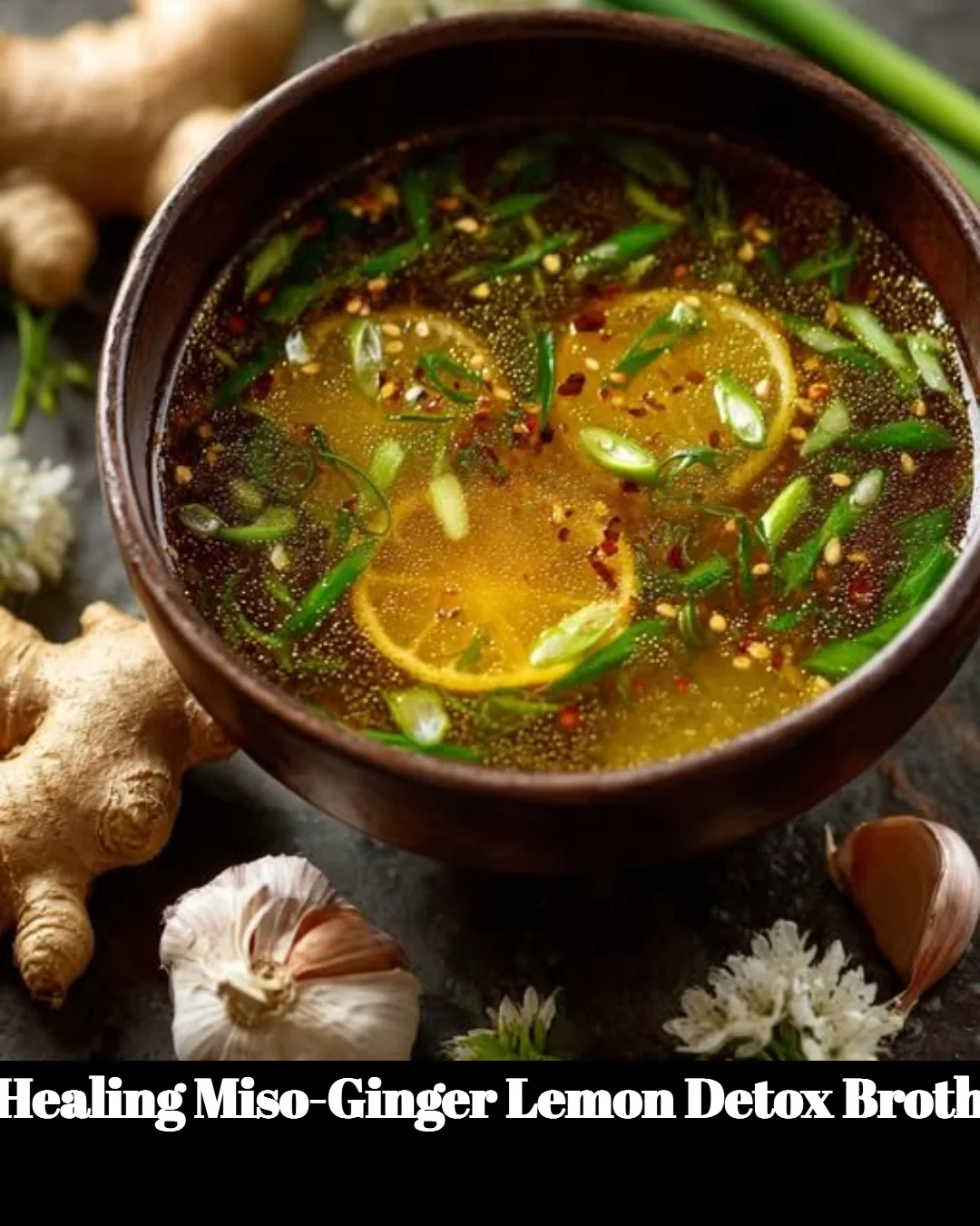 Bowl of healing miso-ginger detox broth with fresh ingredients.