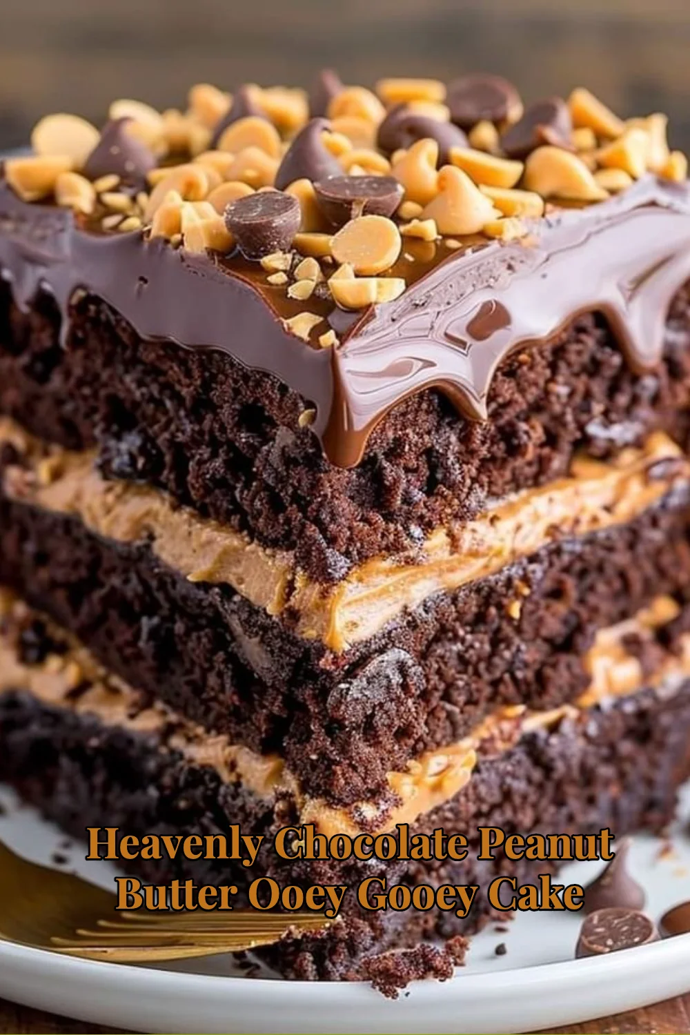 Deliciously rich chocolate peanut butter cake with gooey layers