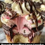 Heavenly Neapolitan cream cupcakes with chocolate, strawberry, and vanilla frosting