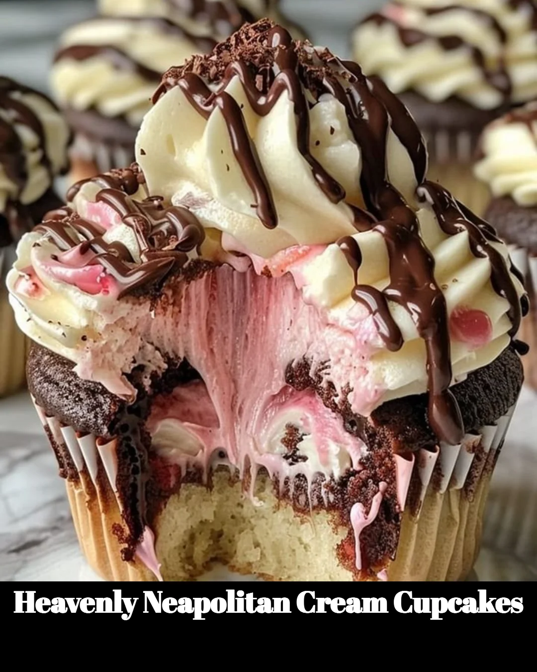Heavenly Neapolitan cream cupcakes with chocolate, strawberry, and vanilla frosting