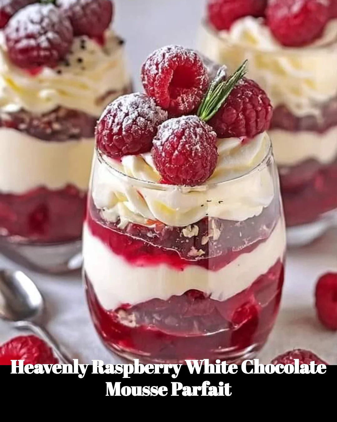 Heavenly raspberry white chocolate mousse parfait served in a glass
