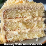 Heavenly white velvet cake with luscious coconut buttercream frosting