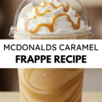 A refreshing homemade caramel frappe topped with whipped cream and caramel drizzle