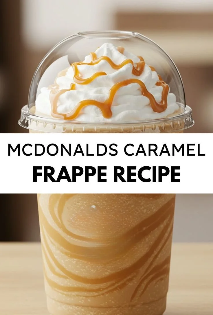 A refreshing homemade caramel frappe topped with whipped cream and caramel drizzle