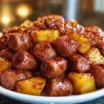 Delicious Honey Pineapple BBQ Sausage Bites served on a platter
