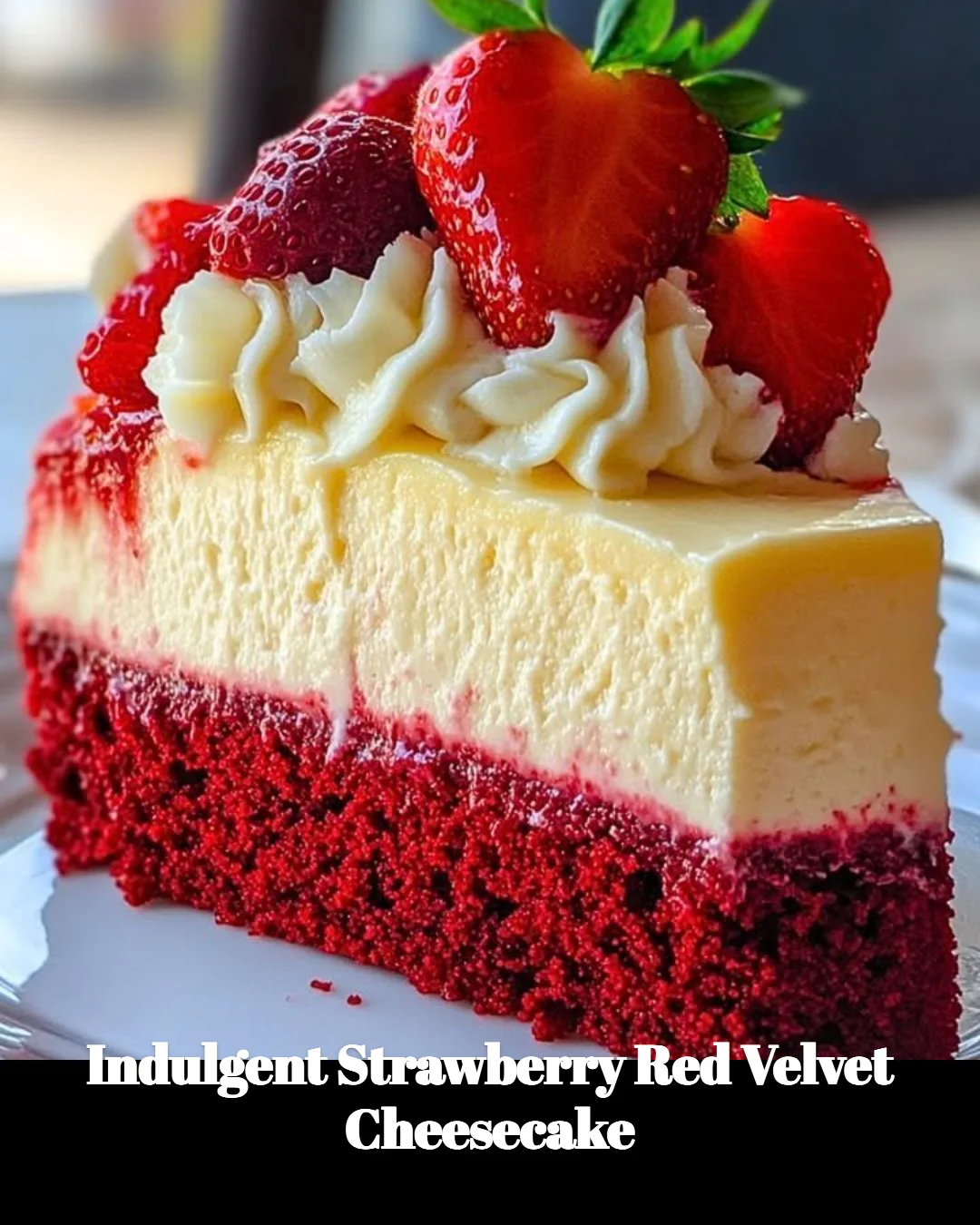 Indulgent strawberry red velvet cheesecake topped with fresh strawberries
