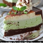 Irresistible chocolate mint cheesecake slice on a white plate