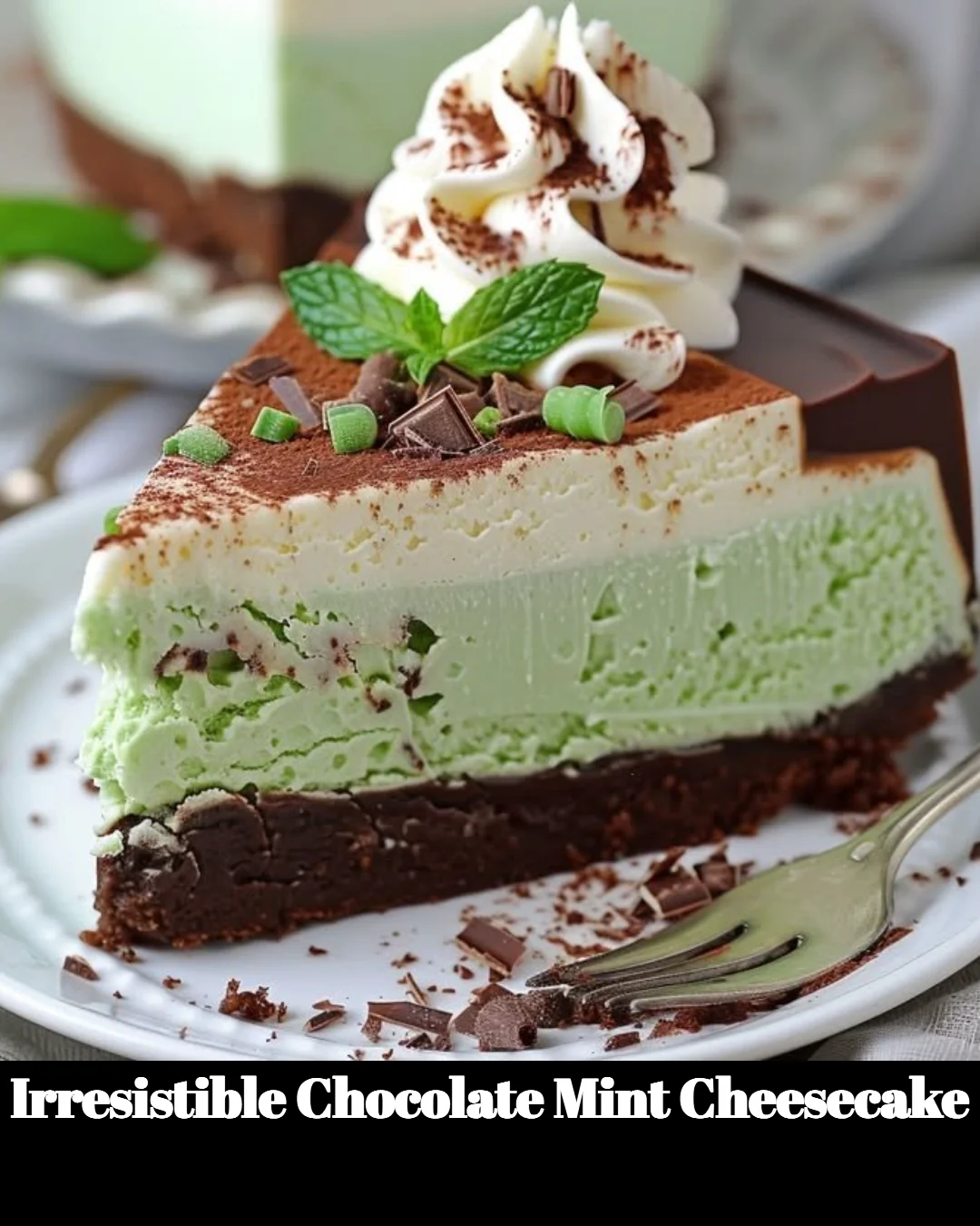 Irresistible chocolate mint cheesecake slice on a white plate